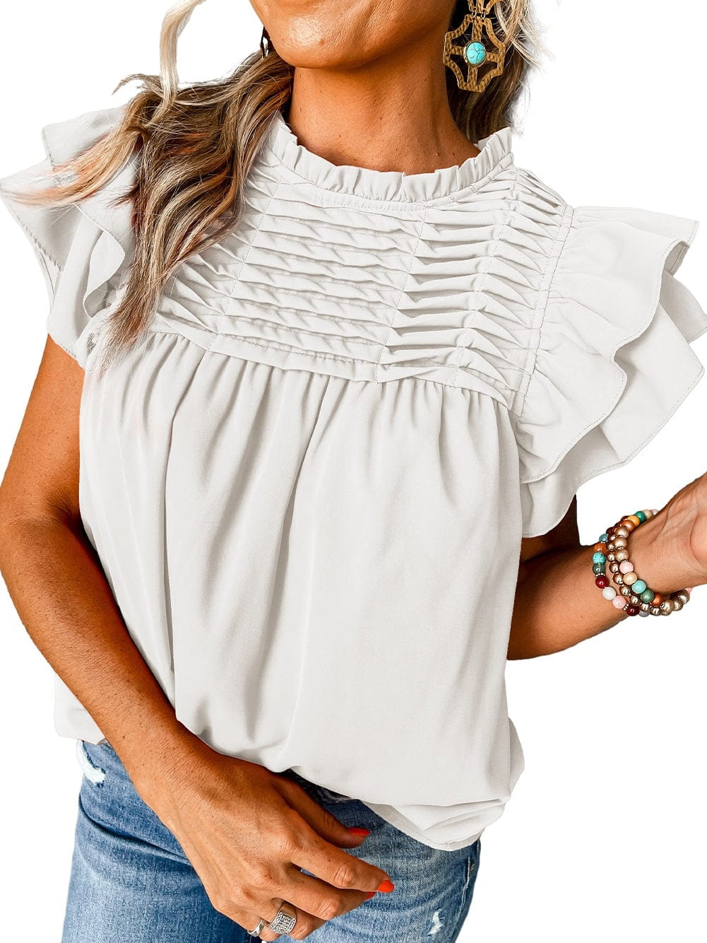 Elegant White Flutter Sleeve Ruffle Blouse