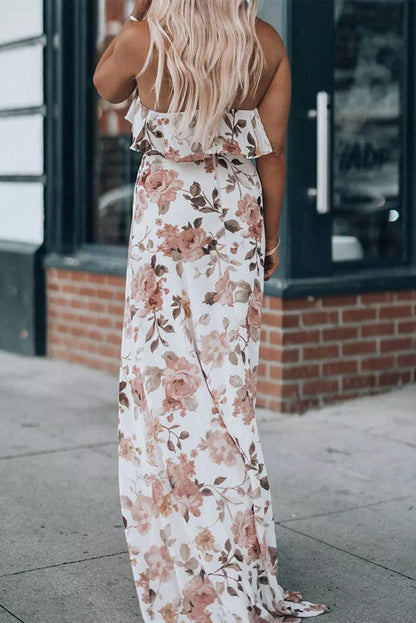 Elegant White Halterneck Maxi Dress with Floral Ruffles