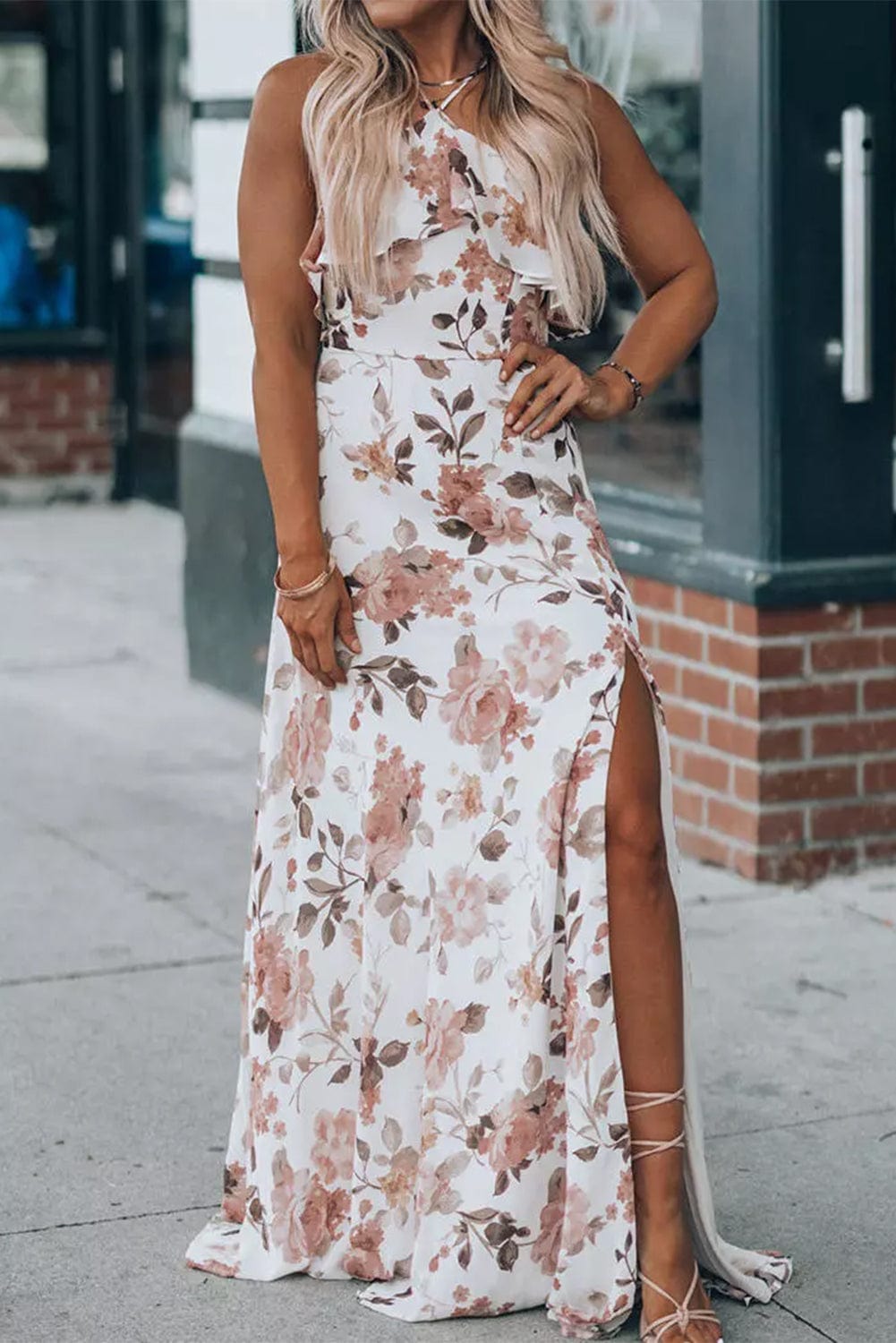 Elegant White Halterneck Maxi Dress with Floral Ruffles