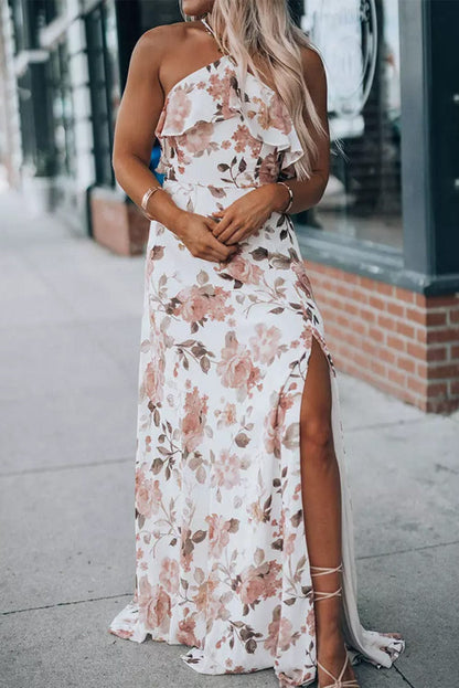 Elegant White Halterneck Maxi Dress with Floral Ruffles