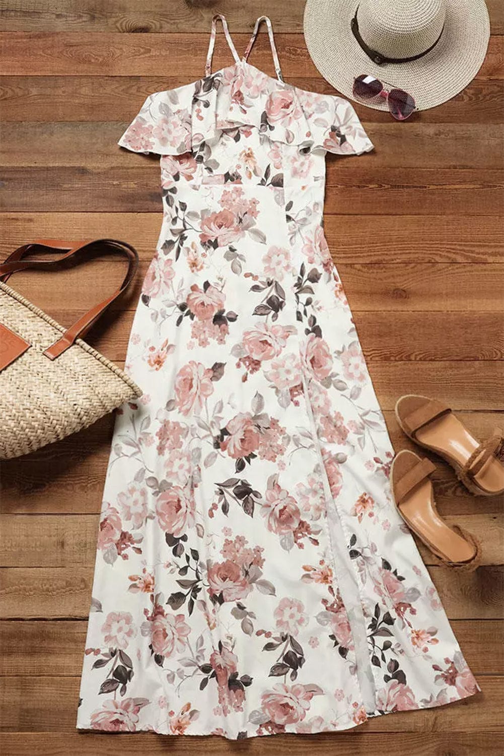Elegant White Halterneck Maxi Dress with Floral Ruffles
