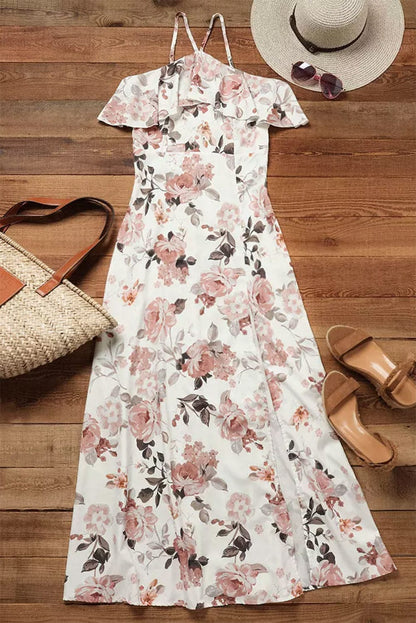 Elegant White Halterneck Maxi Dress with Floral Ruffles