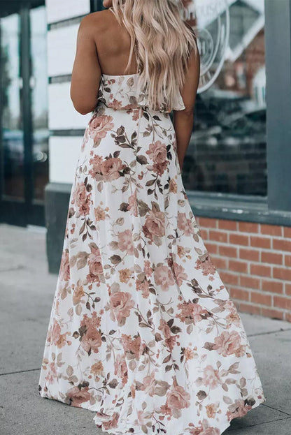 Elegant White Halterneck Maxi Dress with Floral Ruffles