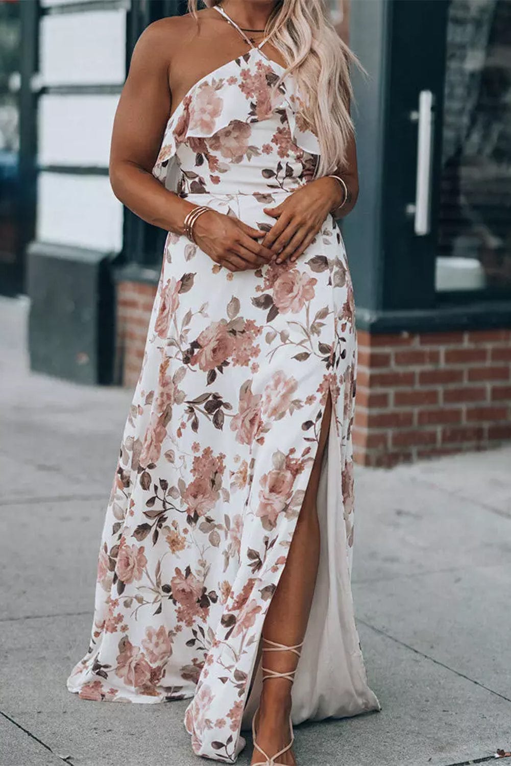 Elegant White Halterneck Maxi Dress with Floral Ruffles