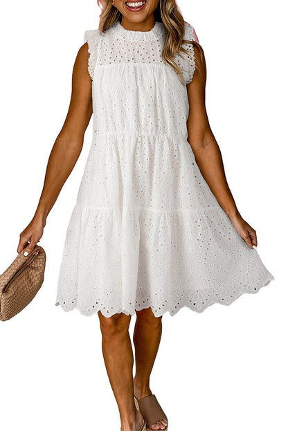 Elegant White Hollow Flutter Mini Dress