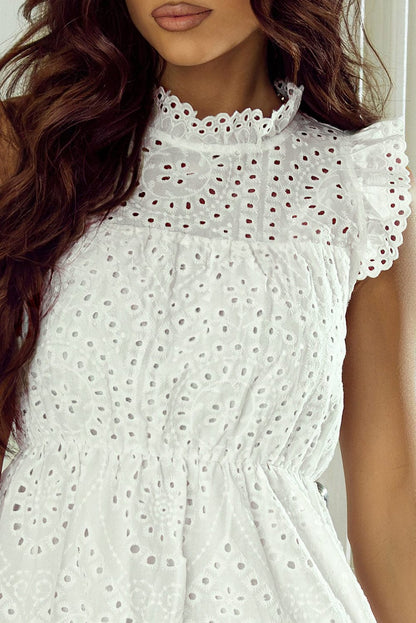 Elegant White Hollow Flutter Mini Dress