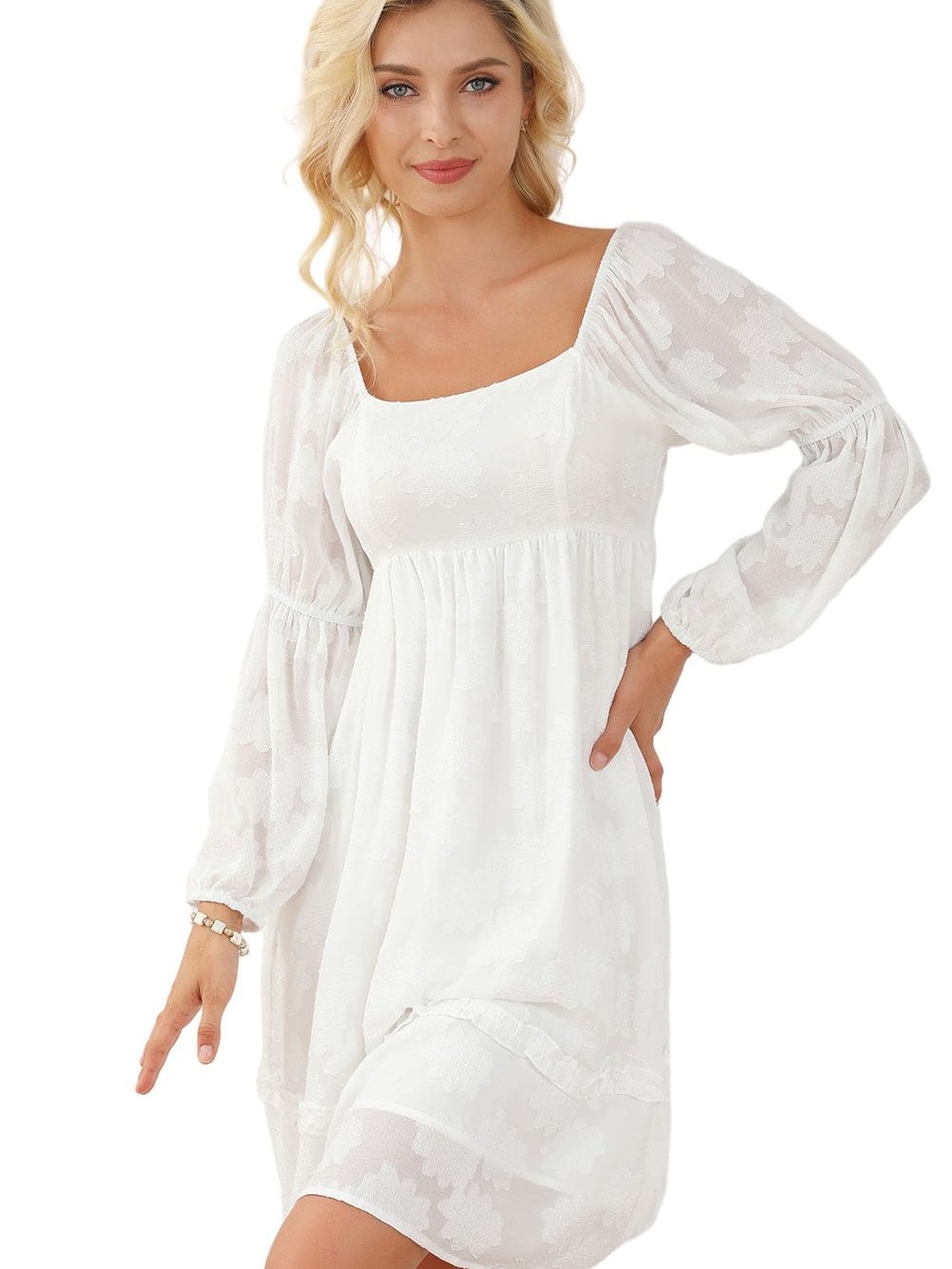 Elegant White Jacquard Bubble Sleeve Mini Dress