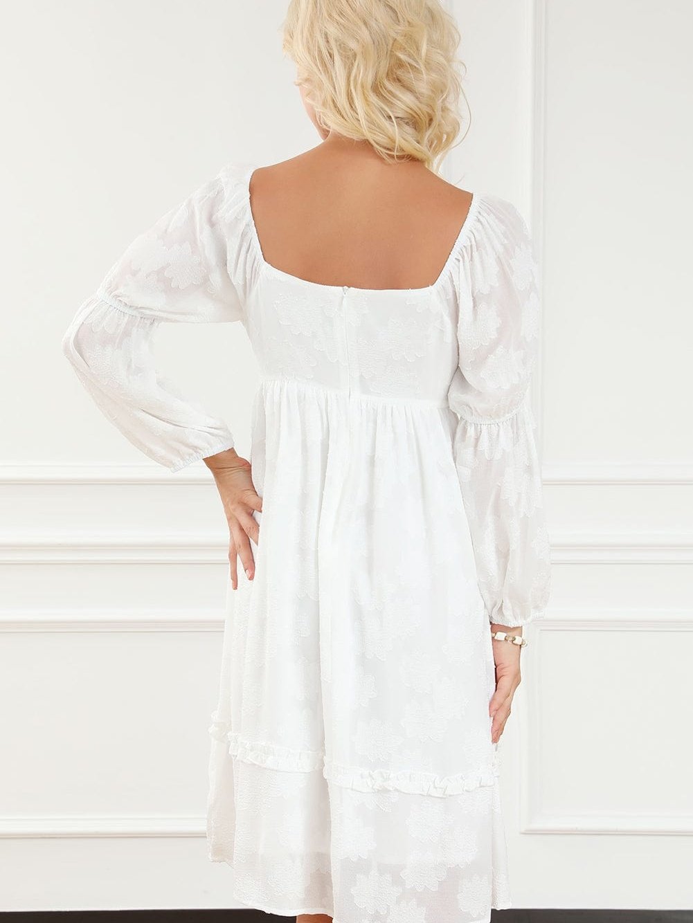 Elegant White Jacquard Bubble Sleeve Mini Dress