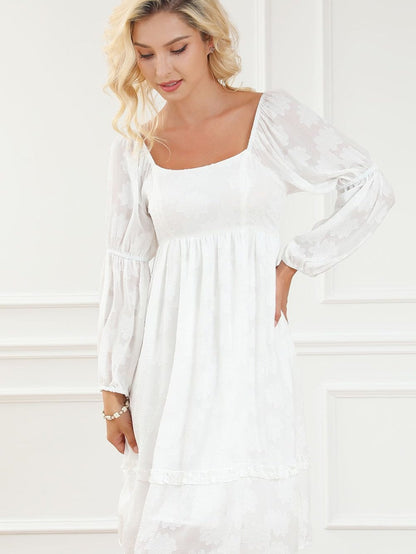 Elegant White Jacquard Bubble Sleeve Mini Dress