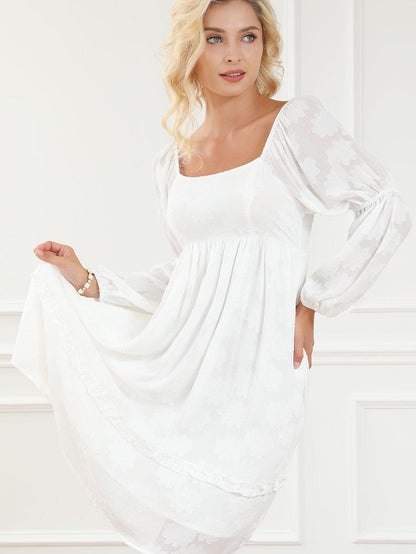 Elegant White Jacquard Bubble Sleeve Mini Dress