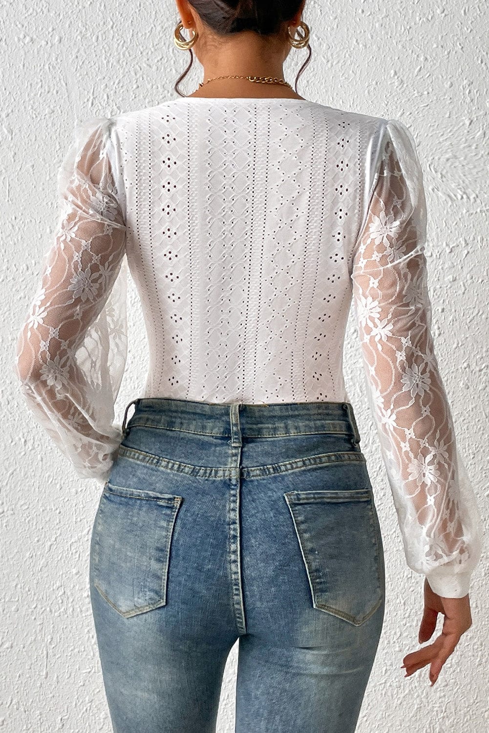 Elegant White Lace Bishop Sleeve Sheer Bodysuit