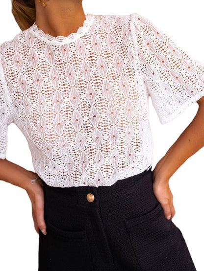 Elegant White Lace Blouse with Keyhole Back