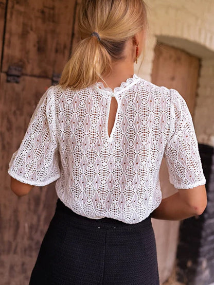 Elegant White Lace Blouse with Keyhole Back
