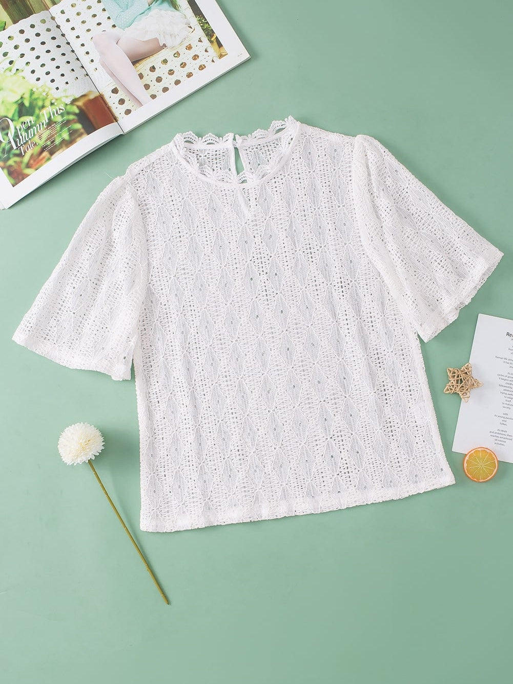 Elegant White Lace Blouse with Keyhole Back