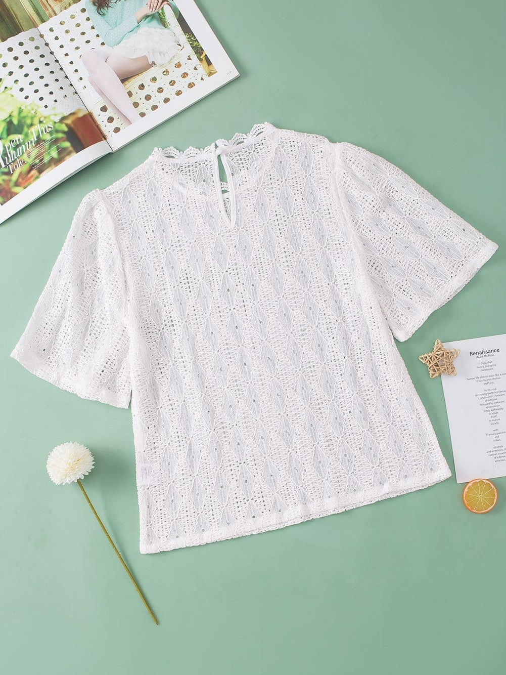 Elegant White Lace Blouse with Keyhole Back