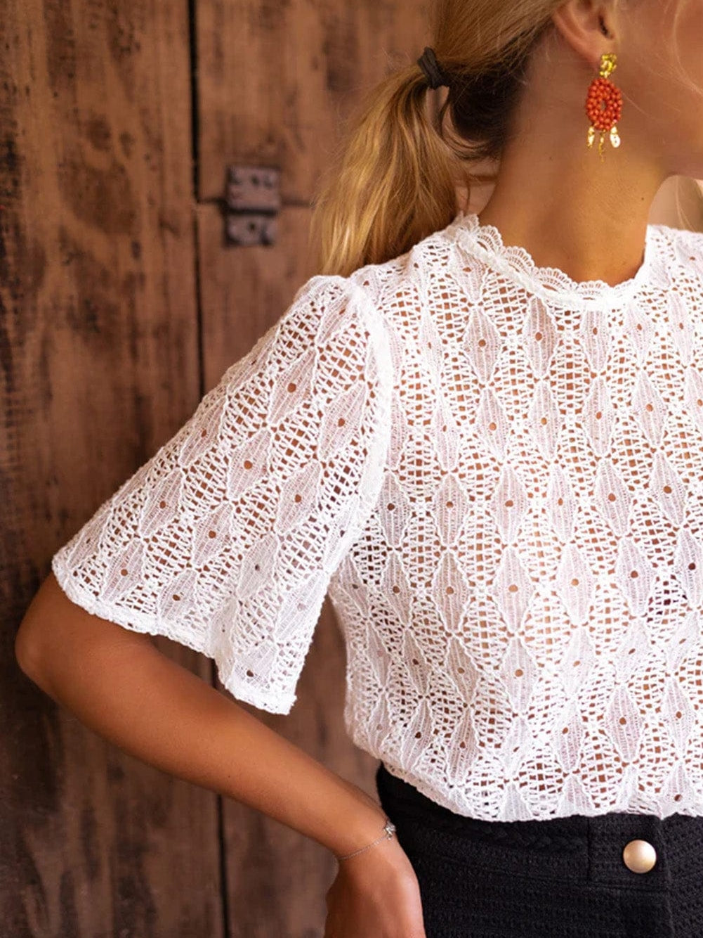 Elegant White Lace Blouse with Keyhole Back