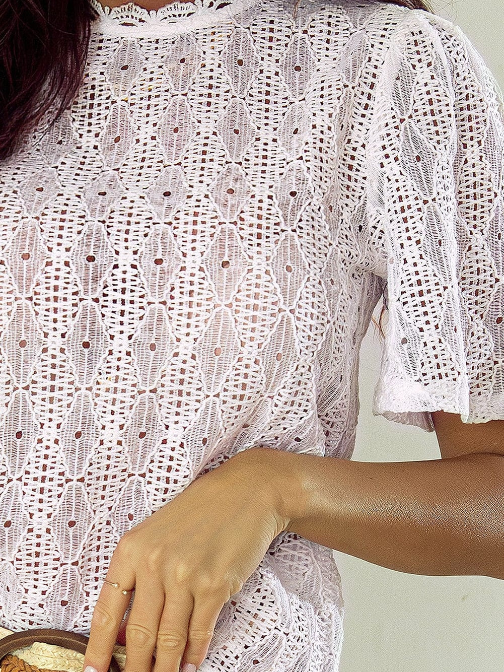 Elegant White Lace Blouse with Keyhole Back