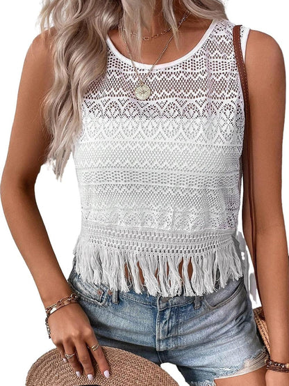 Elegant White Lace Bohemian Tank Top with Fringe Detail