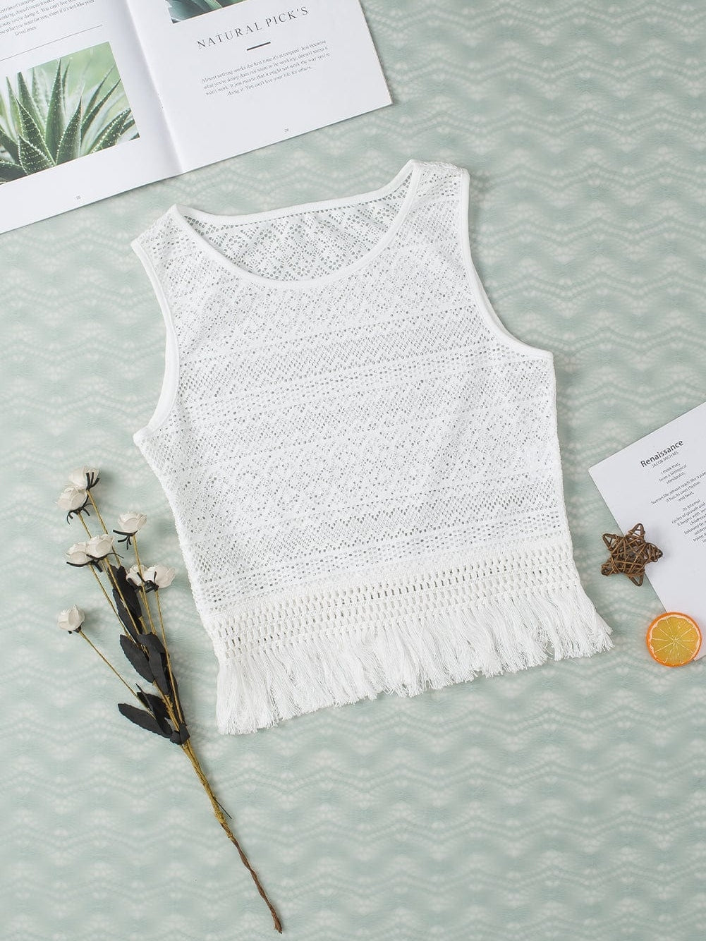 Elegant White Lace Bohemian Tank Top with Fringe Detail