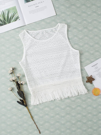 Elegant White Lace Bohemian Tank Top with Fringe Detail