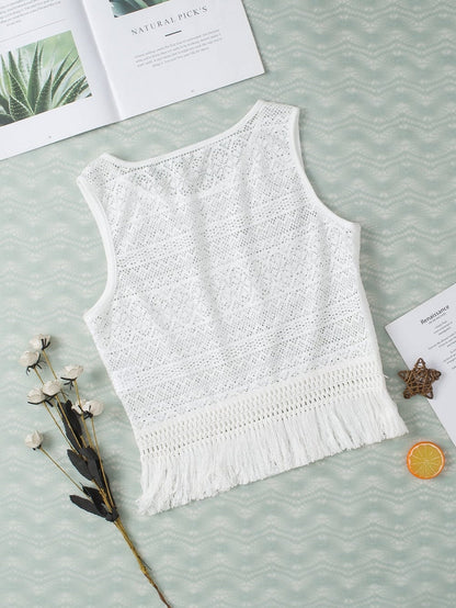 Elegant White Lace Bohemian Tank Top with Fringe Detail