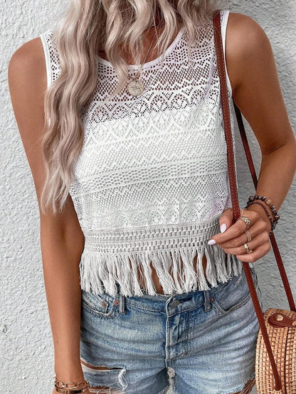 Elegant White Lace Bohemian Tank Top with Fringe Detail
