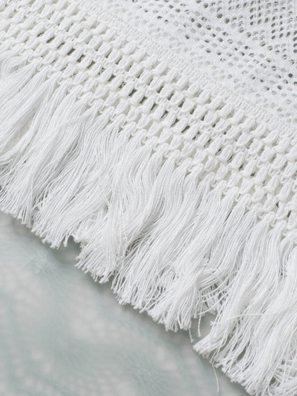 Elegant White Lace Bohemian Tank Top with Fringe Detail