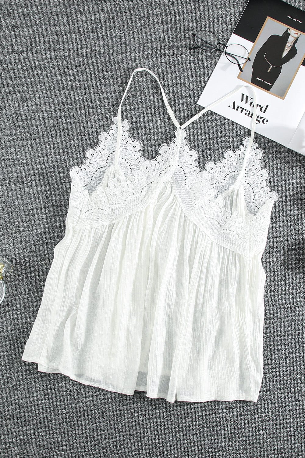 Elegant White Lace Cami Top with Ruffled V-Neck