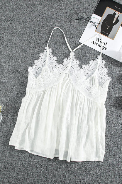 Elegant White Lace Cami Top with Ruffled V-Neck