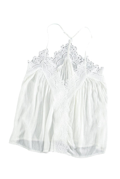 Elegant White Lace Cami Top with Ruffled V-Neck