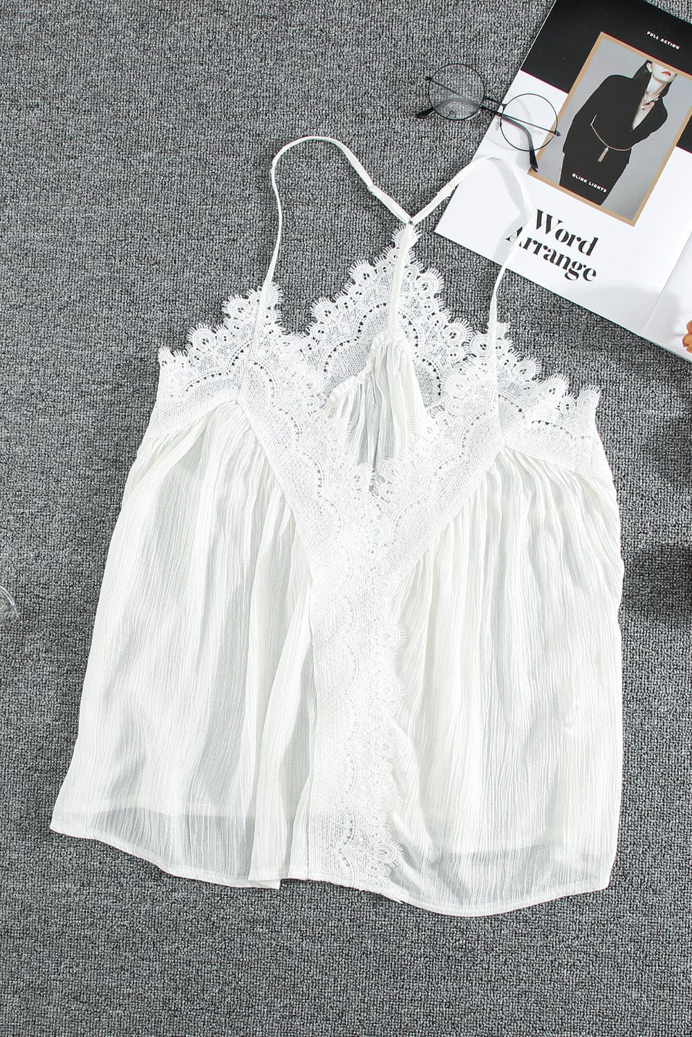 Elegant White Lace Cami Top with Ruffled V-Neck