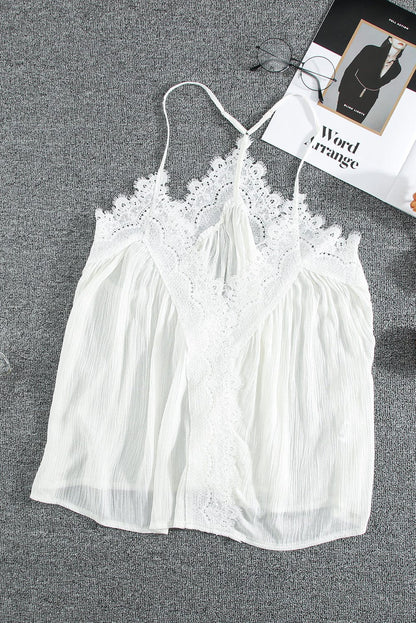 Elegant White Lace Cami Top with Ruffled V-Neck