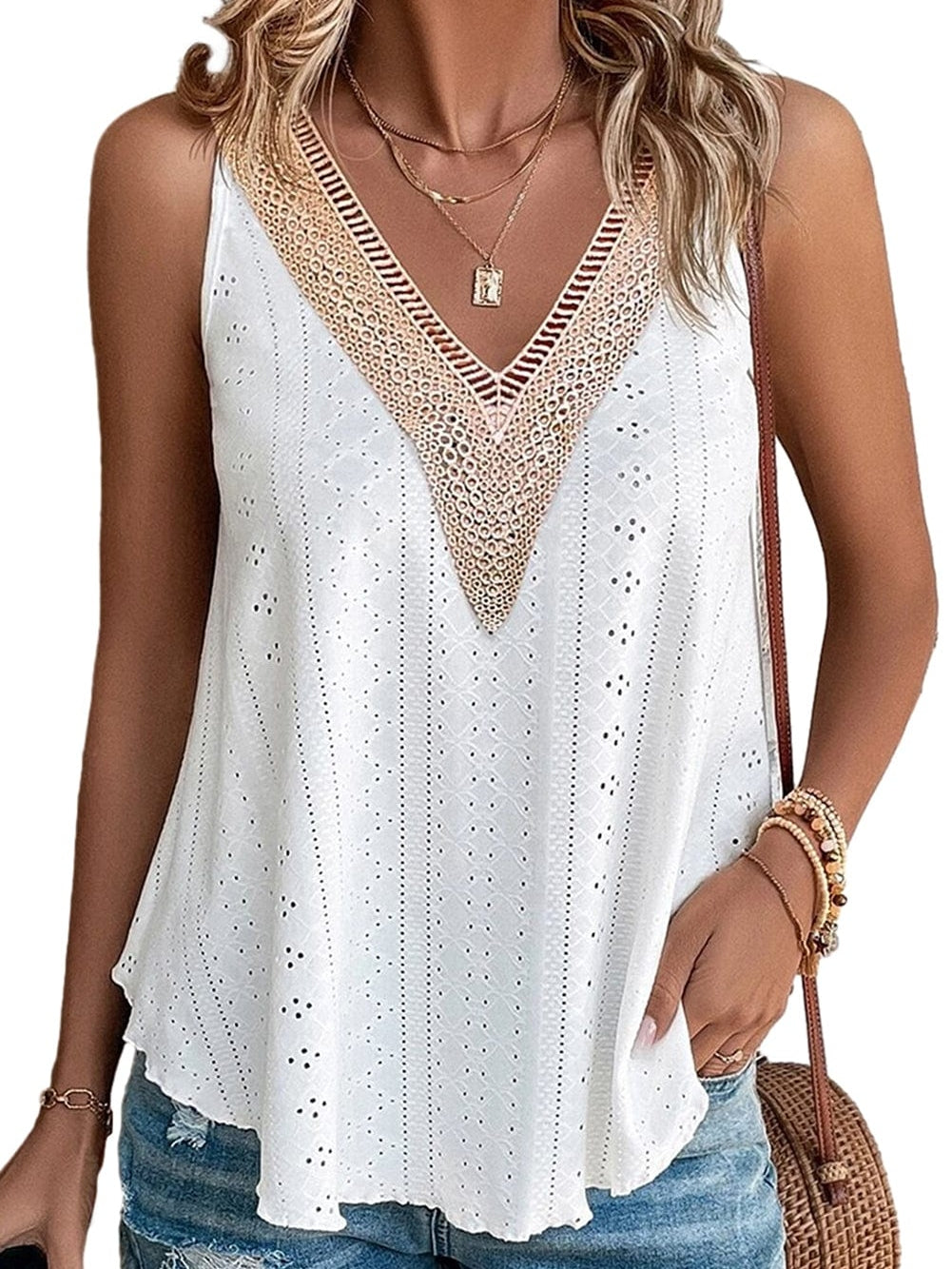 Elegant White Lace Crochet V Neck Sleeveless Tank Top