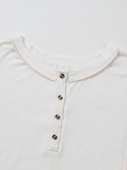 Elegant White Lace Detail Short Sleeve Henley Top