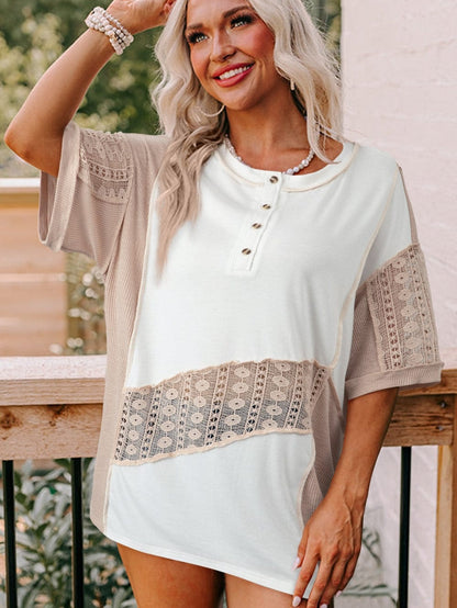 Elegant White Lace Detail Short Sleeve Henley Top