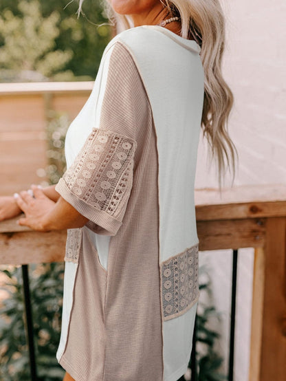 Elegant White Lace Detail Short Sleeve Henley Top