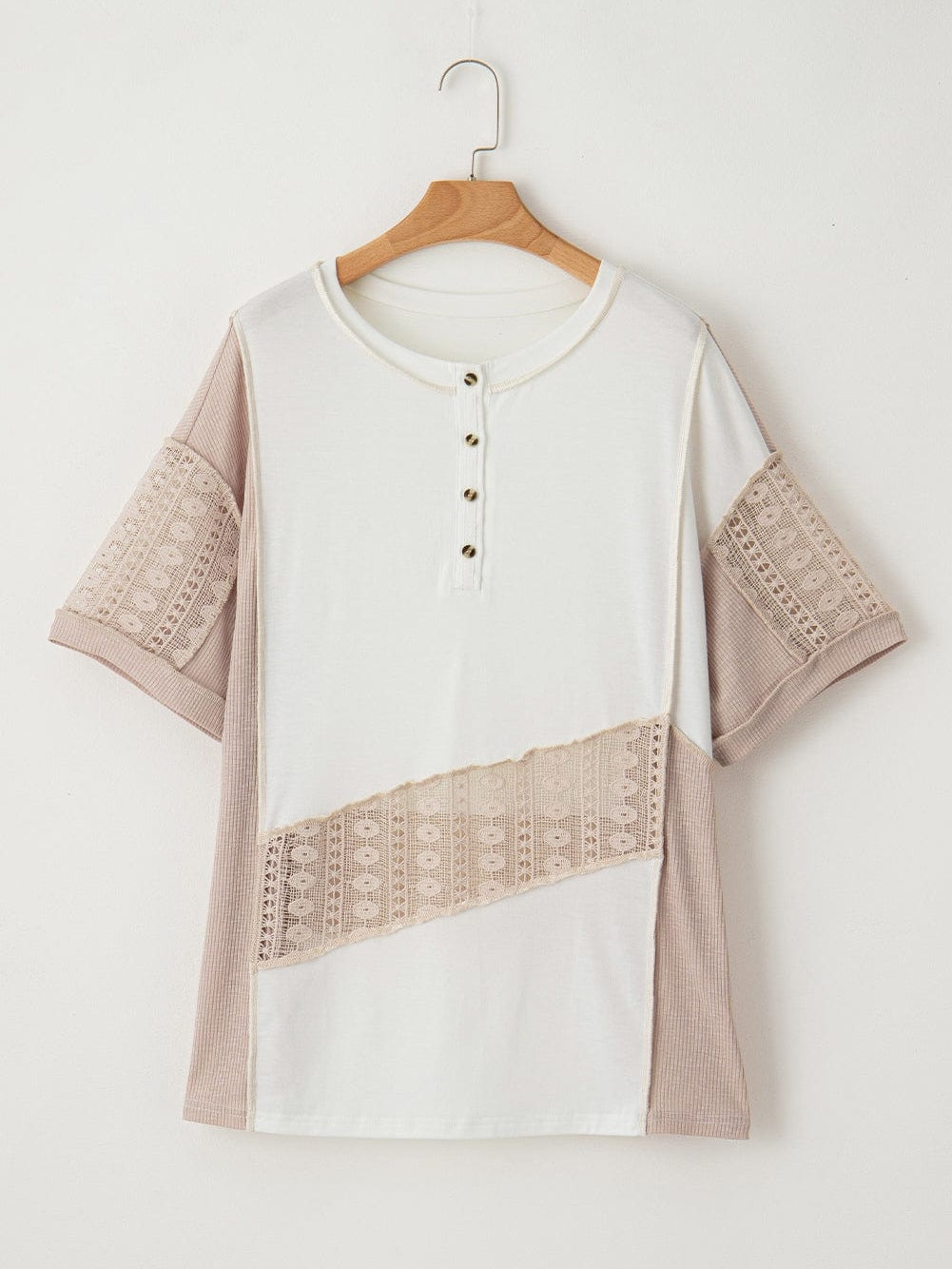 Elegant White Lace Detail Short Sleeve Henley Top