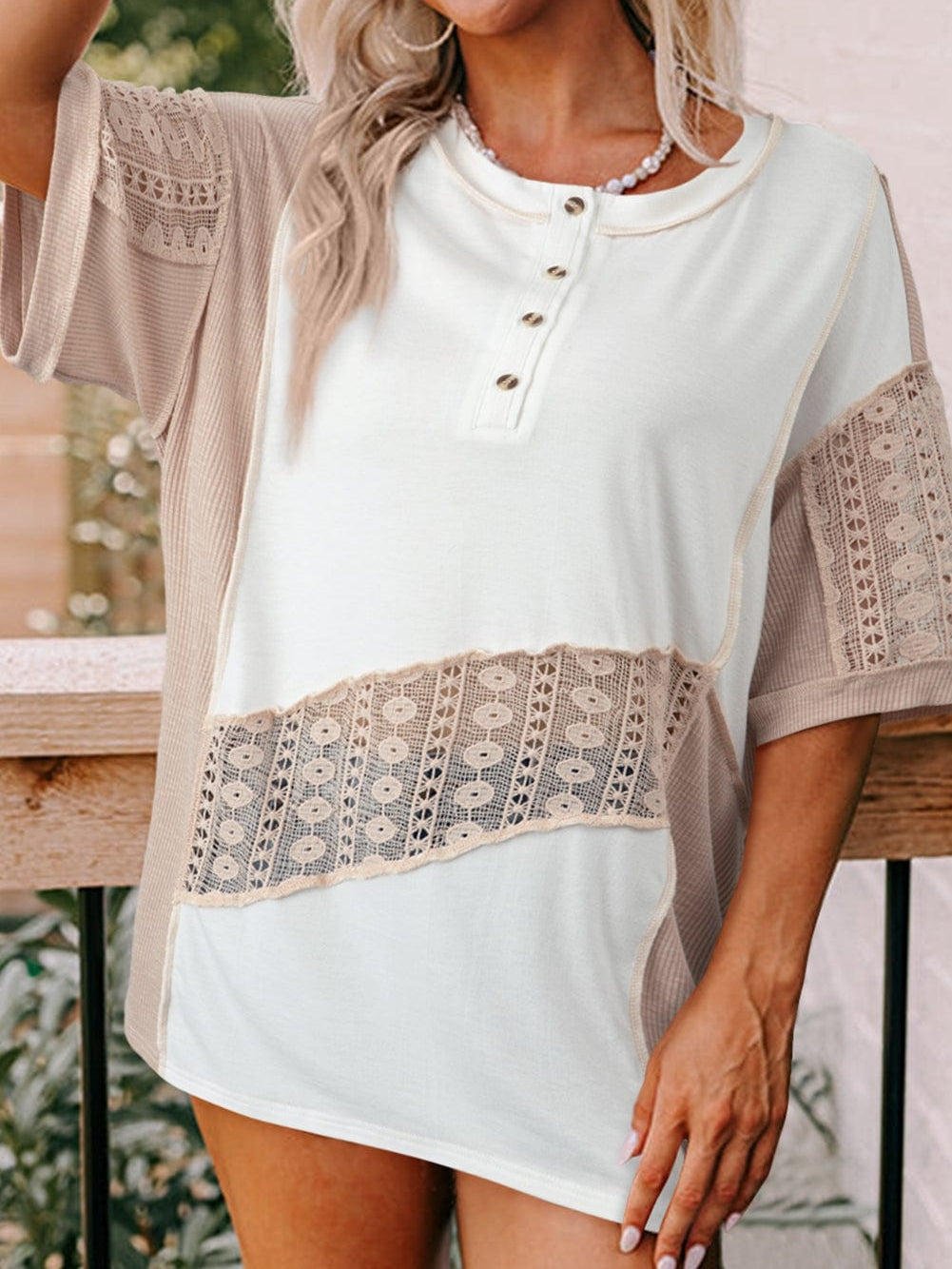 Elegant White Lace Detail Short Sleeve Henley Top