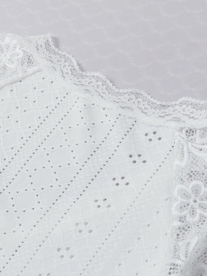 Elegant White Lace Eyelet Embroidered Tee with Short Sleeves