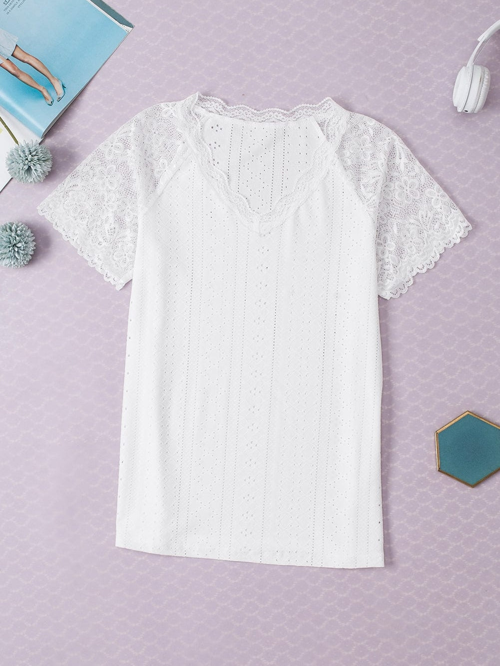 Elegant White Lace Eyelet Embroidered Tee with Short Sleeves
