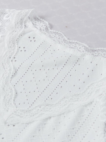 Elegant White Lace Eyelet Embroidered Tee with Short Sleeves