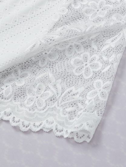 Elegant White Lace Eyelet Embroidered Tee with Short Sleeves