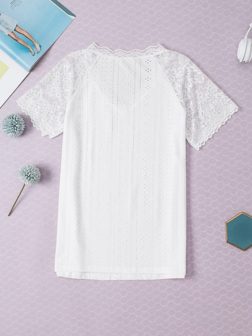 Elegant White Lace Eyelet Embroidered Tee with Short Sleeves