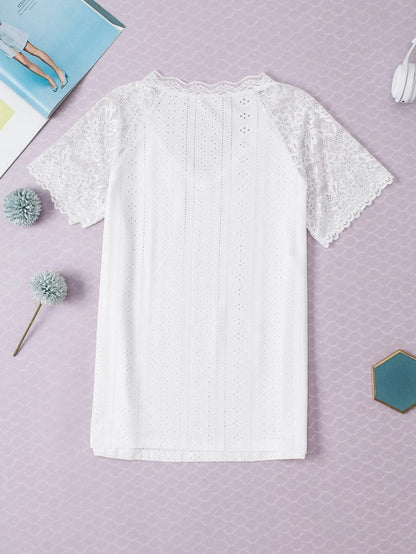 Elegant White Lace Eyelet Embroidered Tee with Short Sleeves