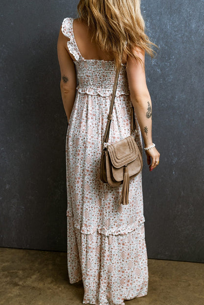 Elegant White Lace Floral Maxi Dress with Ruffled Straps