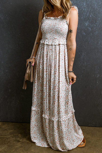 Elegant White Lace Floral Maxi Dress with Ruffled Straps