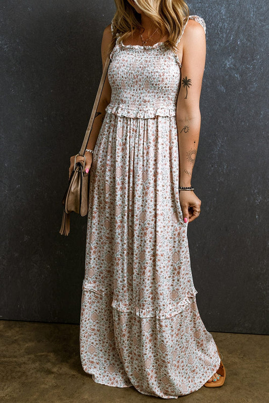 Elegant White Lace Floral Maxi Dress with Ruffled Straps