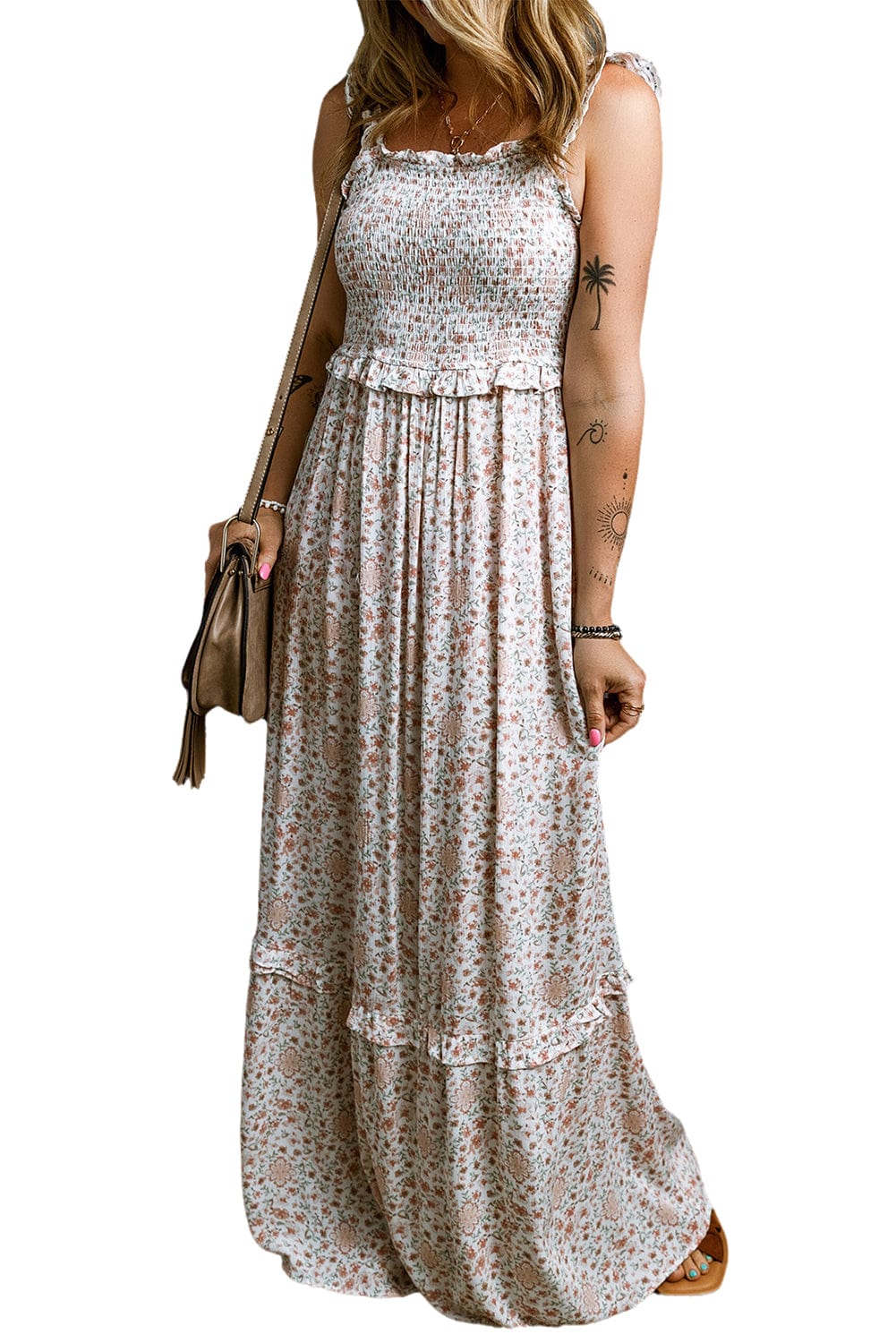 Elegant White Lace Floral Maxi Dress with Ruffled Straps