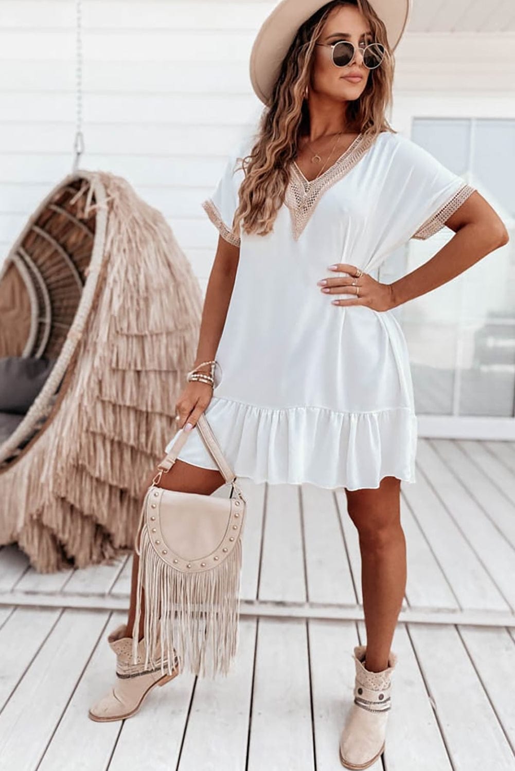 Elegant White Lace Ruffle Sleeve Mini Shift Dress