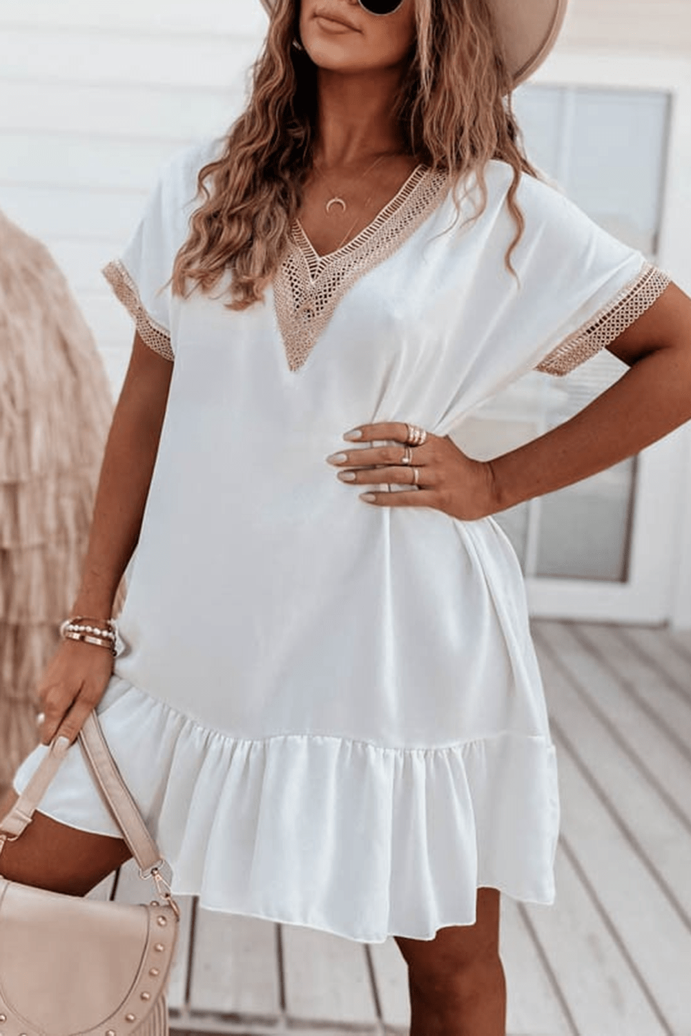 Elegant White Lace Ruffle Sleeve Mini Shift Dress